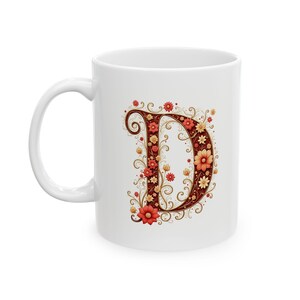 Taza de café con monograma D con elegante diseño en rojo y dorado, personalizada, para cumpleaños, bautizo, boda o Navidad. 325 ml (11 oz y 15 oz)
