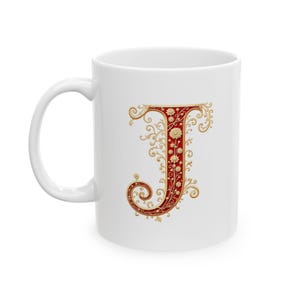 Taza de café con monograma J con elegante diseño en rojo y dorado, personalizada, para cumpleaños, bautizo, boda o Navidad. 325 ml (11 oz y 15 oz)