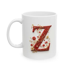 Taza de café con monograma Z con elegante diseño en rojo y dorado, personalizada, para cumpleaños, bautizo, boda o Navidad. 325 ml (11 oz y 15 oz)