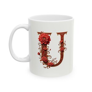 Taza de café con monograma U con elegante diseño en rojo y dorado, personalizada, para cumpleaños, bautizo, boda o Navidad. 325 ml (11 oz y 15 oz)