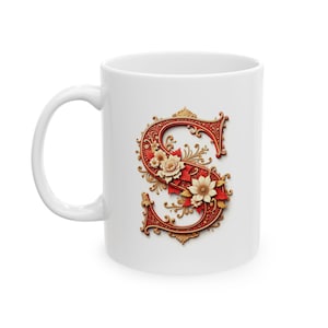Taza de café con monograma "S" con elegante diseño en rojo y dorado, personalizada, para cumpleaños, bautizo, boda o Navidad. 325 ml (11 oz y 15 oz)