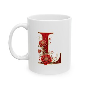 Taza de café con monograma L con elegante diseño en rojo y dorado, personalizada, para cumpleaños, bautizo, boda o Navidad. 325 ml (11 oz y 15 oz)