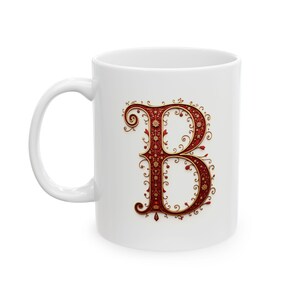 Taza de café con monograma B con elegante diseño en rojo y dorado, personalizada, para cumpleaños, bautizo, boda o Navidad. 325 ml (11 oz y 15 oz)