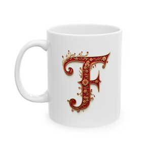Taza de café con monograma F con elegante diseño en rojo y dorado, personalizada, para cumpleaños, bautizo, boda y Navidad. 325 ml (11 oz y 15 oz)