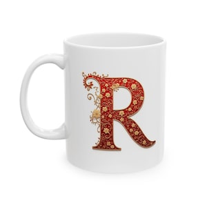 Taza de café con monograma R con elegante diseño en rojo y dorado, personalizada, para cumpleaños, bautizo, boda o Navidad. 325 ml (11 oz y 15 oz)