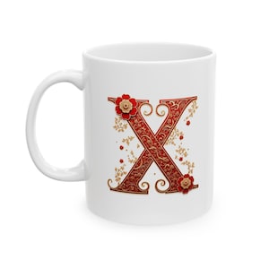 Taza de café con monograma X con elegante diseño en rojo y dorado, personalizada, para cumpleaños, bautizo, boda o Navidad. 325 ml (11 oz y 15 oz)