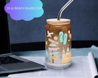 Tasse en verre de plage : verre à café glacé de 16 oz avec couvercle et paille en option