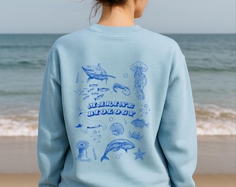 Embroidered Marine Biology Sweatshirt: Ocean Life Crewneck