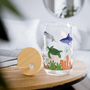 Ocean Marine Life Sipper Glass Cup, 16oz - Nautical Beach Drinkware, Sea Creature Lover Gift, Coastal Home Decor, Underwater Theme Party