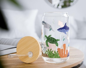 Ocean Life Sipper Glass (16oz): Nautical Drinkware with Bamboo Lid