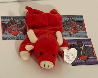 Reduced price-  Vintage- 1995 Snort the Red Bull beanie baby - PVC - Mint condition - three 1999 Upper Deck Michael Jordan basketball cards