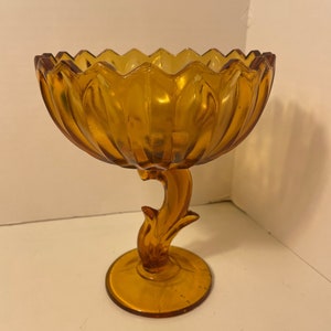 Vintage-Indiana Glass-Amber Compote-Lotus Blossom Pedestal 7.5” tall Candy Dish-preowned