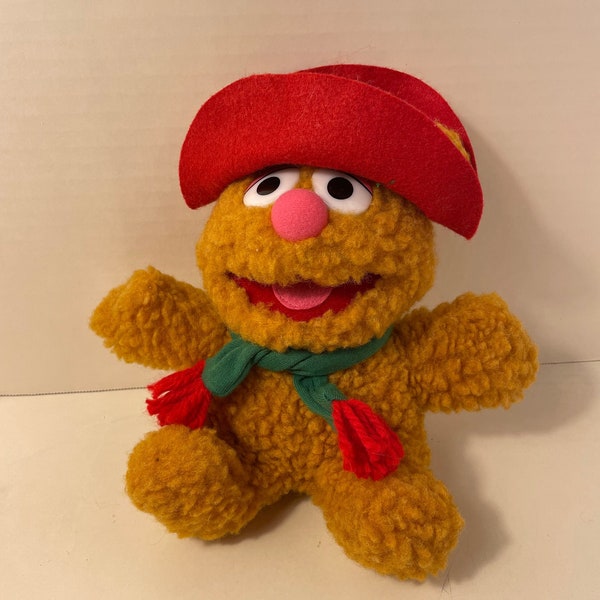 Vintage-Collectible-1987-8” tall Muppet Babies “Fozzie Bear” Christmas plush wearing red hat and green scarf-preowned