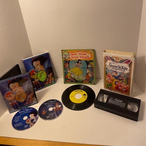 Vintage-Collectible-Lot of 3 “Snow White and the Seven Dwarfs” set-Includes Platinum Edition 2disc DVD set with cover,Vinyl record,&VHS tape