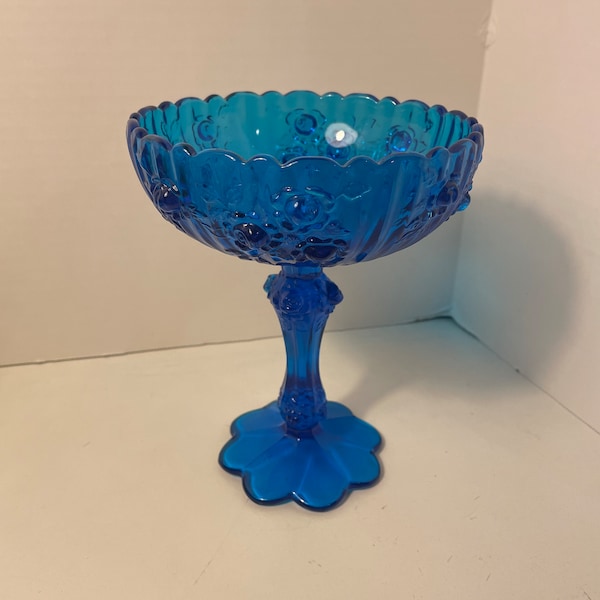 Vintage-Unique-Beautiful-Fenton Cabbage Rose- Colonial Blue Compote Pedestal Candy Dish-7.5” tall-Preowned