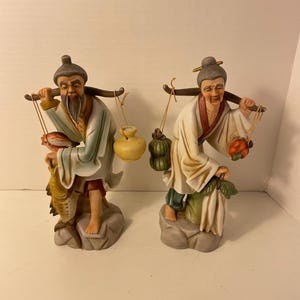 Vintage-Set of 2-Hand painted Matte-Japanese-Fisherman & Farmer Woman 10” tall Porcelain Figurines-preowned