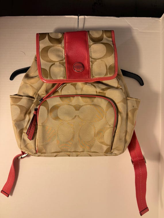 coach backpack brown and pink Vintage-y2k Coach Signature Canvas Backpack With Logo on Flap and Coach  Keychains-a1361-f21928-pink/ivory/light Brown-preowned