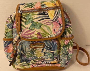 Rossetti- Small Backpack Purse- Butterfly Tropical Print- Light Brown Leather and Gold Accents- Excellent, almost Mint- preowned condition