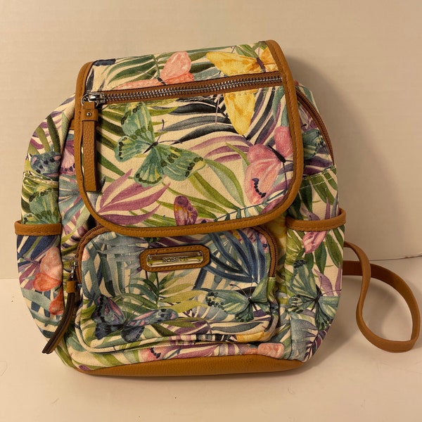 Rossetti- Small Backpack Purse- Butterfly Tropical Print- Light Brown Leather and Gold Accents- Excellent, almost Mint- preowned condition