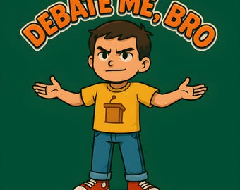 Peut inclure: Illustration de dessin animé d'un garçon aux bras tendus, portant un t-shirt jaune avec un dessin de pupitre et un jean bleu. Le texte "DEBATE ME, BRO" est en arc au-dessus de la tête du garçon en lettres orange. Des baskets rouges complètent le look sur fond vert.