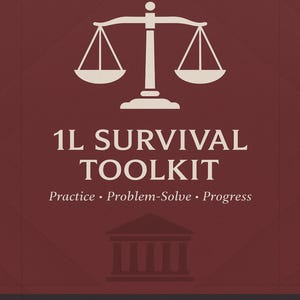 May include: A maroon book cover with the title "1L SURVIVAL TOOLKIT" in white. Below the title are the words "Practice • Problem-Solve • Progress." The cover also features a white scale of justice and a list of study aids, such as case brief templates.