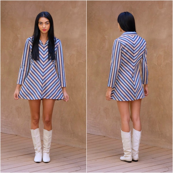 70's Vintage Chevron Striped A-Line Mini Dress - Size 12 - Mod - Shift - Retro