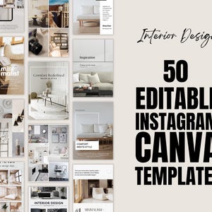 Op de afbeelding: Een verzameling van 50 bewerkbare Instagram Canva-sjablonen voor interieurontwerp. De afbeelding toont een collage van interieurontwerpfoto's met tekstoverlays, waaronder "Interior Design", "Comfort Redefined" en "Minimalist".