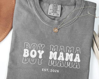 Custom Boy Mama Est 2026 Shirt, Retro Groovy Comfort Colors® Tee