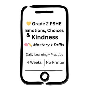 Könnte beinhalten: Digitalgrafik auf einem Smartphone-förmigen Rahmen. Der Text lautet: "Grade 2 PSHE Emotions, Choices & Kindness Mastery + Drills Daily Learning + Practice 4 Weeks No Printer". Enthält ein gelbes Herz und ein Gehirn mit Bleistift.