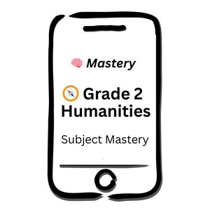Può includere: Illustrazione in bianco e nero di uno smartphone che mostra contenuti educativi. Lo schermo mostra la parola "Mastery" con un'icona del cervello, seguita da "Grade 2 Humanities" e "Subject Mastery".