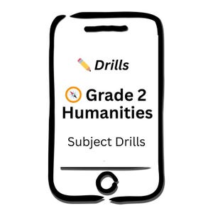 Può includere: Grafica a forma di smartphone con contorno nero, che mostra contenuti educativi. Lo schermo mostra la parola "Drills" con un'icona a matita, seguita da "Grade 2 Humanities" e "Subject Drills". Il design è semplice e chiaro.
