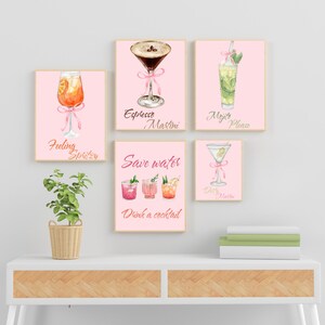 Pink Cocktail Wall Art Set with Bows – Girly Bar Cart Decor | Coquette Aesthetic | Feminine Printable Art | Instant Digital Download