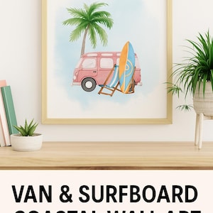 Arte mural con ambiente playero y surfero - Descarga digital / Imprimible retro de verano / Acuarela de palmeras y tablas de surf / Decoración costera