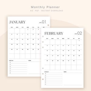 Pode incluir: Duas páginas brancas de um planejador mensal com os meses de janeiro e fevereiro. Cada página tem uma grade de calendário, uma seção de lista de tarefas e uma seção de notas. O texto "Monthly Planner" e "A5 - PDF - INSTANT DOWNLOAD" está no topo.