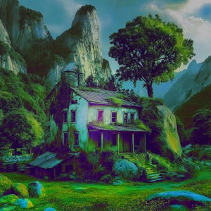 Veridian Requiem: Surreal Abandoned House Wall Art