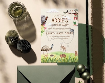 Puede incluir: Una tarjeta de invitación rectangular para fiesta de cumpleaños con ilustraciones en acuarela de fauna australiana, incluyendo un koala, un emú, un canguro y un wombat. El texto dice Addie's Birthday Party, Sunday 8 Nov 5:00 PM, 123 Anywhere St, Any City, 12345, Rsvp to Hannah 1234567890.