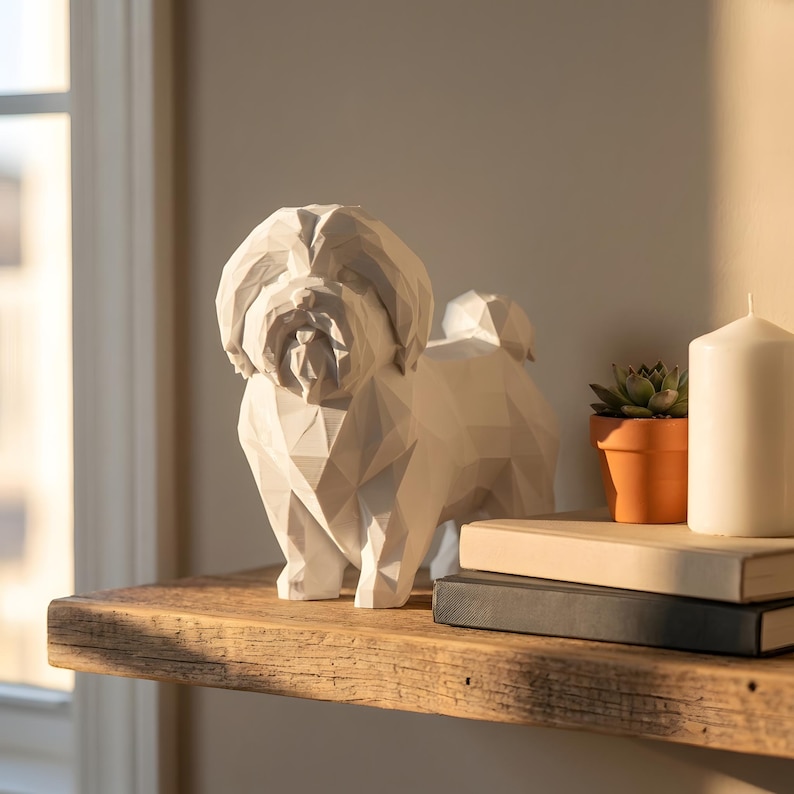 Coton de Tulear Low-Poly Geometric Dog Statue