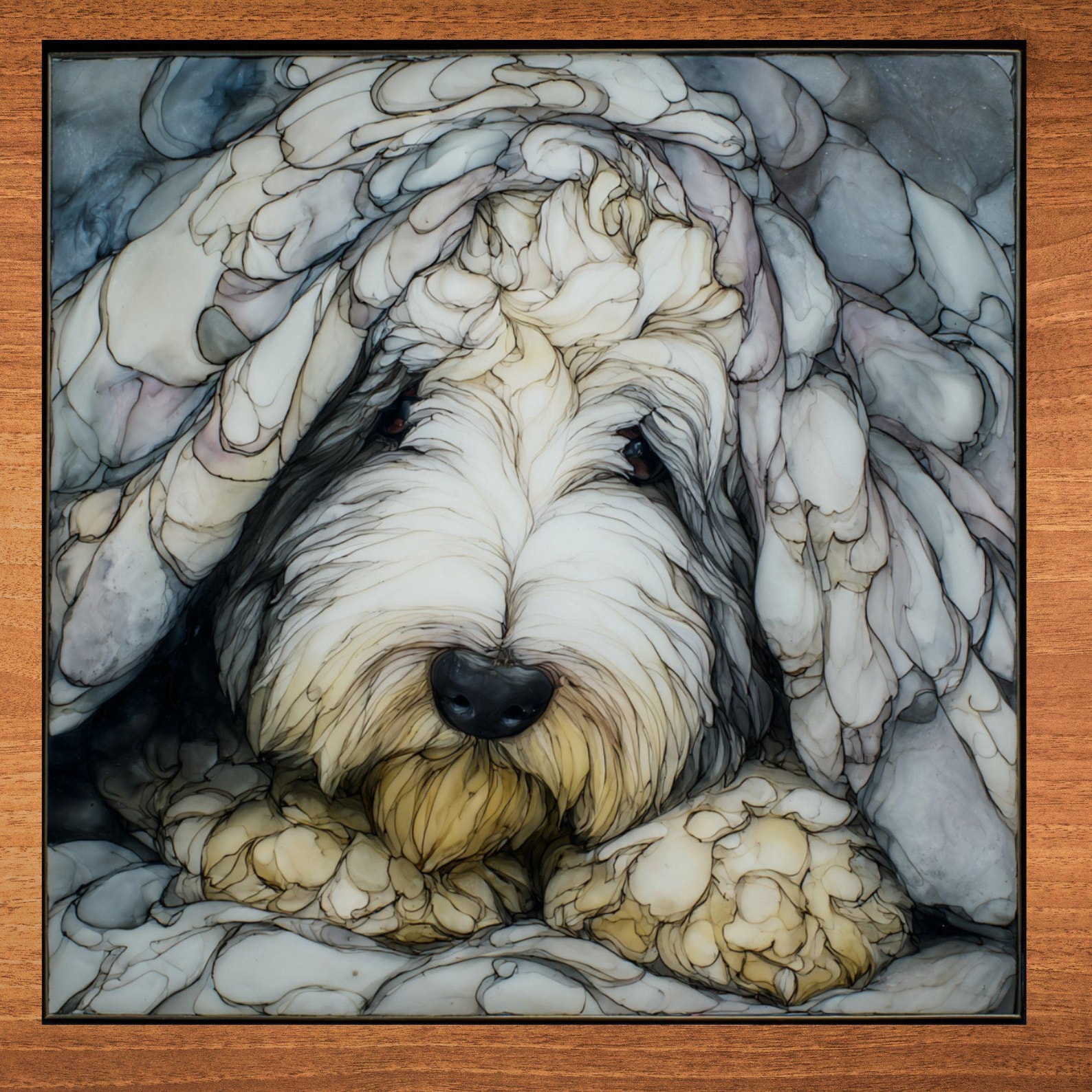 Old English Sheepdog Under the Blanket Ceramic Tile