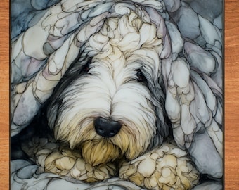Old English Sheepdog Under the Blanket Ceramic Tile thumbnail 1
