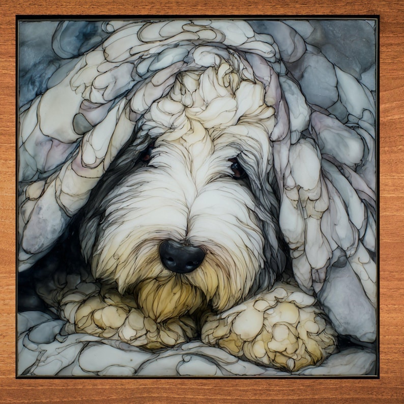 Old English Sheepdog Under the Blanket Ceramic Tile