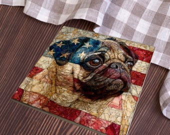 Pug USA Flag Patriotic Dog Ceramic Tile thumbnail 3