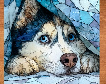 Siberian Husky Under the Blanket Ceramic Tile thumbnail 1
