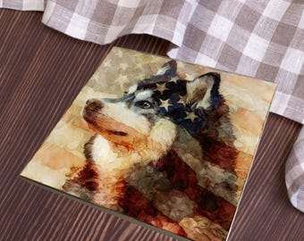 Pomsky USA Flag Patriotic Dog Ceramic Tile thumbnail 3