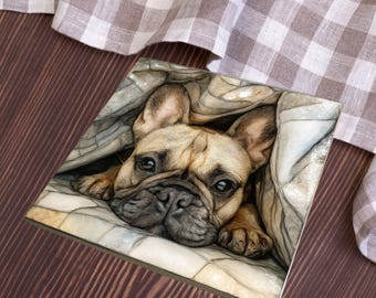 French Bulldog Under the Blanket Ceramic Tile thumbnail 4