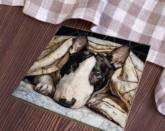 Bull Terrier Under the Blanket Ceramic Tile thumbnail 4