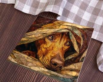 Rhodesian Ridgeback Under the Blanket Ceramic Tile thumbnail 4