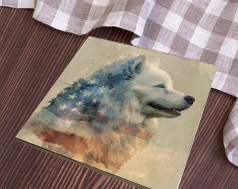American Eskimo Dog USA Flag Patriotic Dog Ceramic Tile thumbnail 3