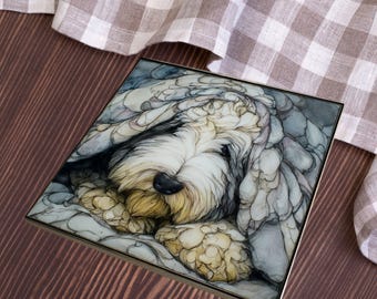 Old English Sheepdog Under the Blanket Ceramic Tile thumbnail 4