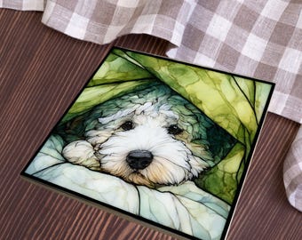 Sheepadoodle Under the Blanket Ceramic Tile thumbnail 4