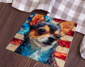 Chihuahua USA Flag Patriotic Dog Ceramic Tile thumbnail 3